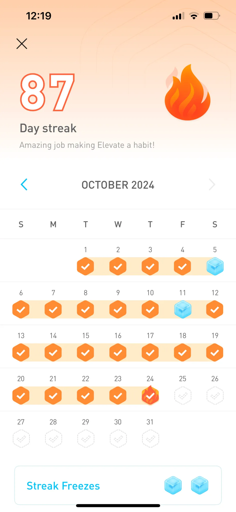 Visualización de rachas en la app Elevate
