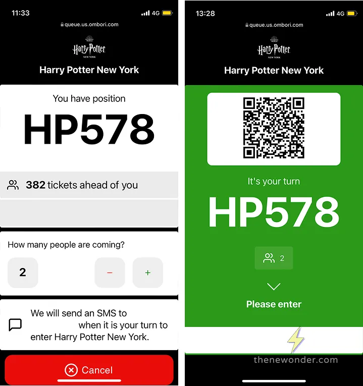 Vista de los tickets de espera y notificación para entrar a la tienda de Harry Potter en New York