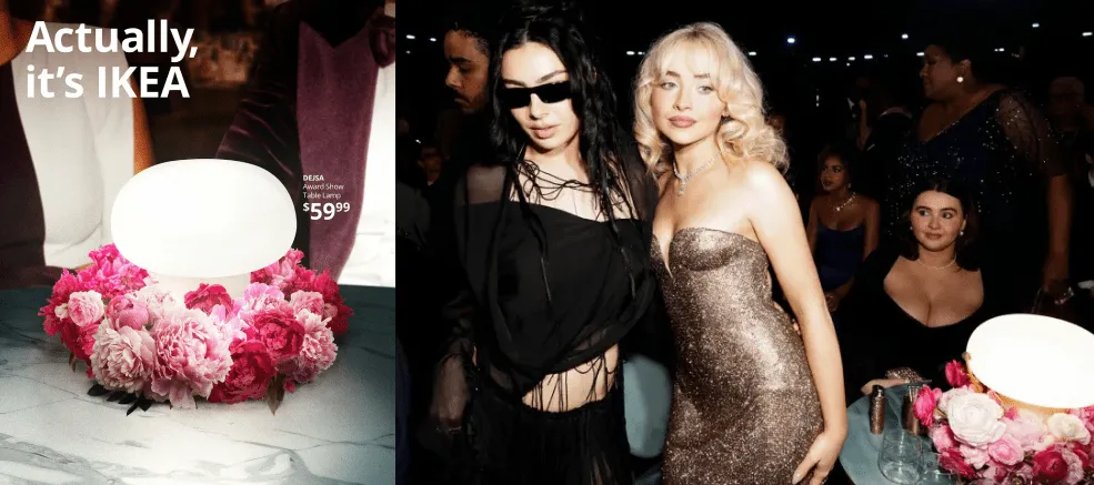 Izq. Un afiche de IKEA Canadá después de los Grammy 2025. Dcha. Foto de Sabrina Carpenter y Charlie XCX en los Grammy 2025 con la lámpara Dejsa como protagonista.