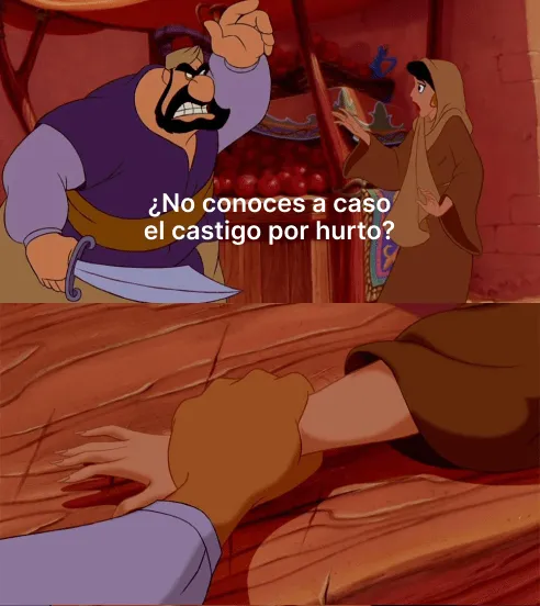 Vendedor de manzanas en Aladdin aplicando la ley de Talión a Jasmine por robar una manta