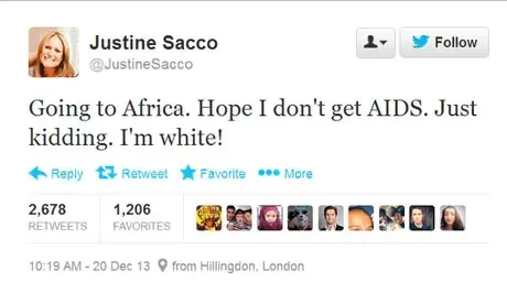 El tweet de Justine Sacco: Going to Africa. Hope I don’t get AIDS. Just kidding. I’m white