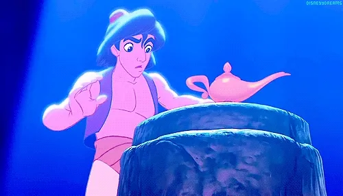 Aladdin encontrando la lámpara mágica en la cueva de las maravillas